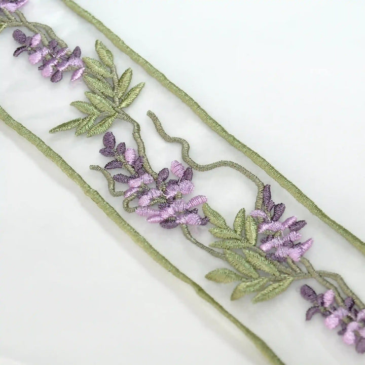 Lavender Organza Parsi Gara Embroidery Lace | 2 Meters