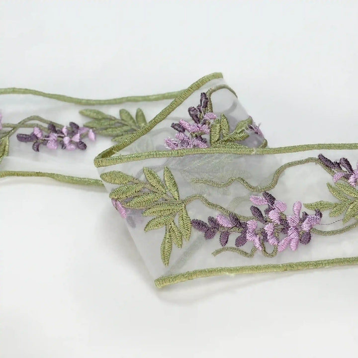 Lavender Organza Parsi Gara Embroidery Lace | 2 Meters