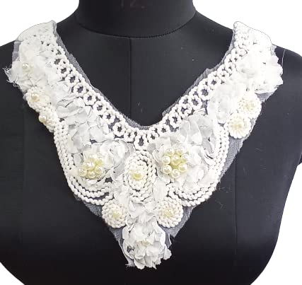 A white floral embroidery neckline displayed on a mannequin bust