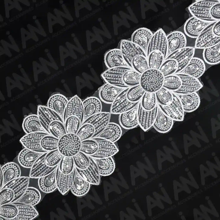 Beaded cut work Sunflower Lace Trim on net | 1 Meter