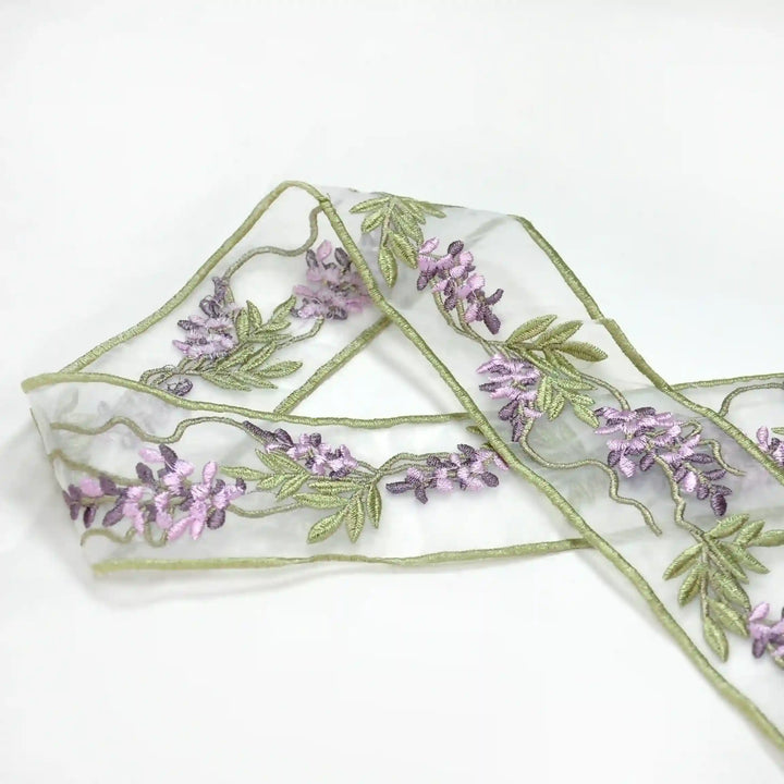 Lavender Organza Parsi Gara Embroidery Lace | 2 Meters