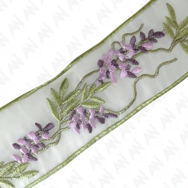 Lavender Organza Parsi Gara Embroidery Lace | 2 Meters