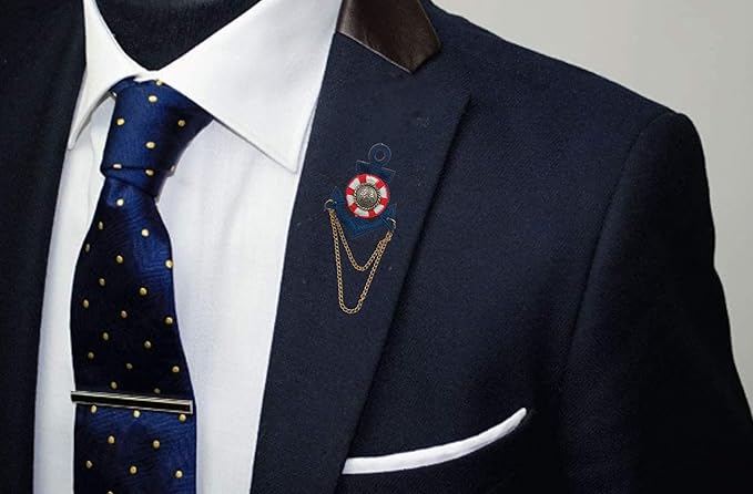 Navy Chain Anchor Ribbon Brooch