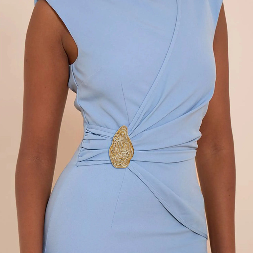Ani Accessories Abstract Organic Shape Gold-Plated Metal Buckle  on model blue bodycon Dress.