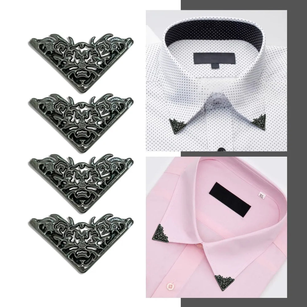 Buy now 4 Ani Accessories Black Flame- Triangle Shaped Collar Tips on  folded pink plain  and black doted white shirt.