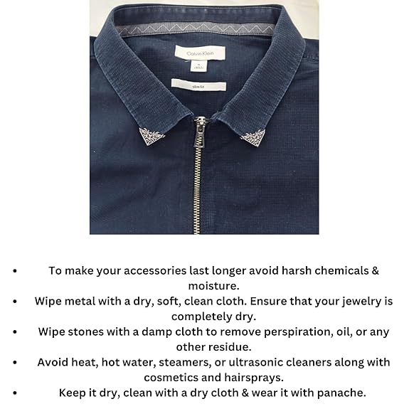 Ani Accessories | Back Triangle framed collar tip on folded denim shirt with information of how to take care of the collar tip.
