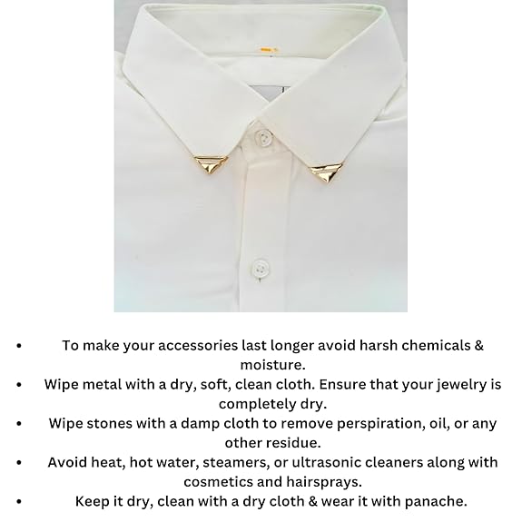 Ani Accessories | A image of white folded shirt with  golden laser cut  collar tip on the shirt with some information of care tips of collar tip