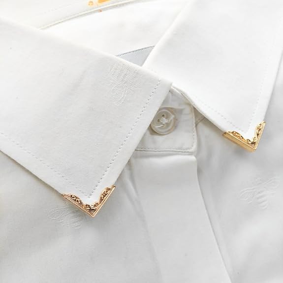 zooming image of collar with Golden Elegance Collar Tip on white shirt.