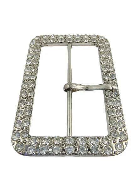 Ani Accessories Prong Silver Metal Rhinestone Studded Buckle Flat view angle to show the proper image of the buckle.