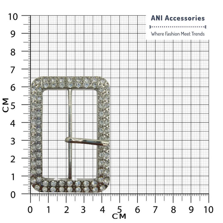 Ani Accessories Prong Silver Metal Rhinestone Studded Buckle  Placed in a size chart bar graph to show the exact size of the buckle