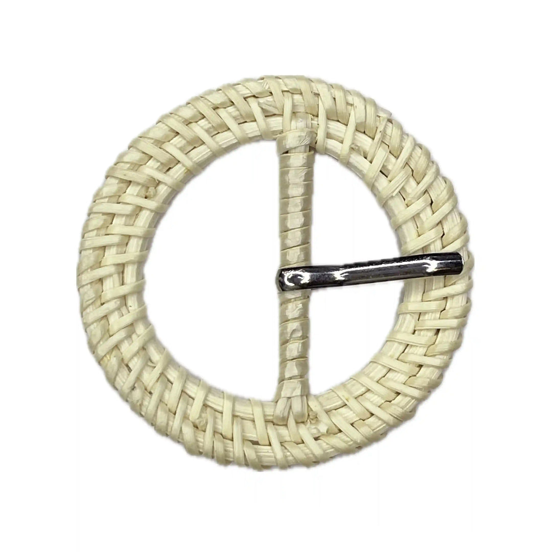 Ani Accessories Zooming image of Woven Cream  Circle raffia buckle with prong on a white background