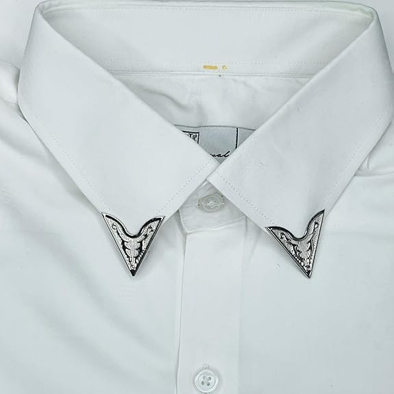 Ani Accessories | Zooming image of white shirt collar with  Silver Tribal Collar Tips Clips