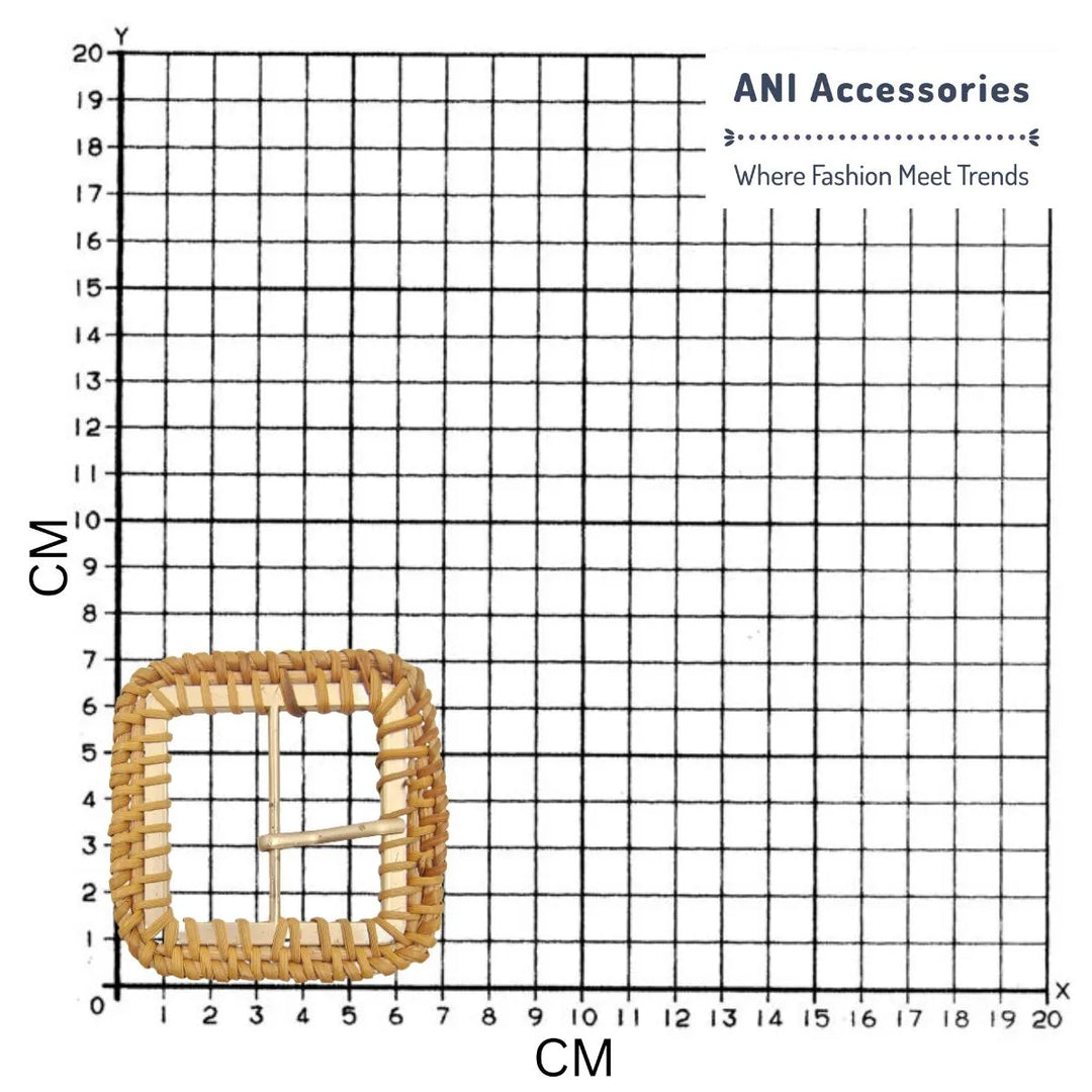 Ani Accessories Square Shape Metal Raffia Handmade Prong Buckle placed in a size chart bar graph to show the exact size of the buckle.