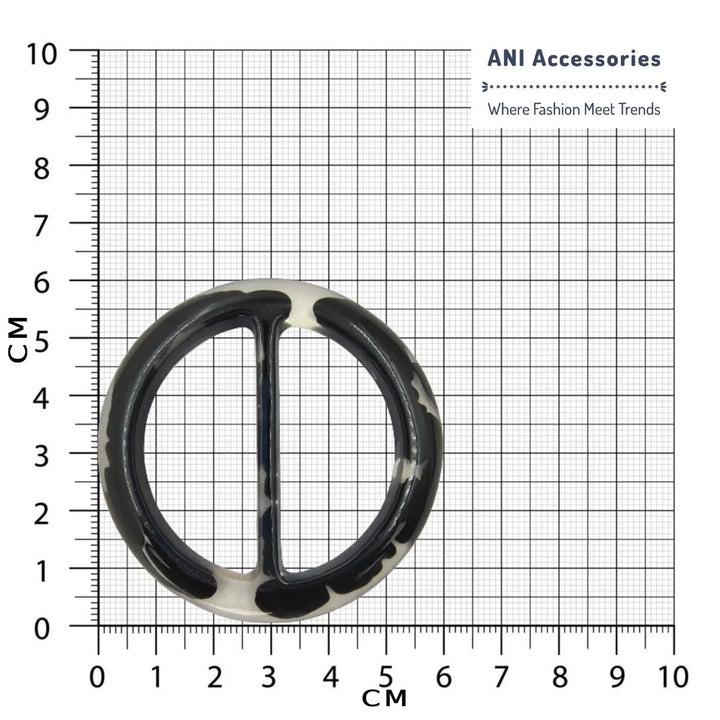 Ani Accessories black horn fluid circle Resin buckle placed in a size chart bar graph.