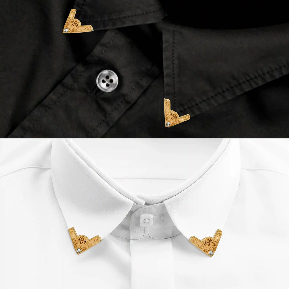 Ani Accessories | two  half image of white and black shirt with gold glided glamour with rhinestone collar tip on the shirts collar