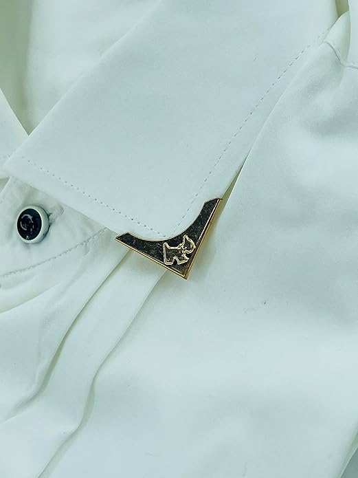 Ani Accessories | image zooming collar image of shirt showing the proper look of golden dog embossed design collar clip on the white shirt.
