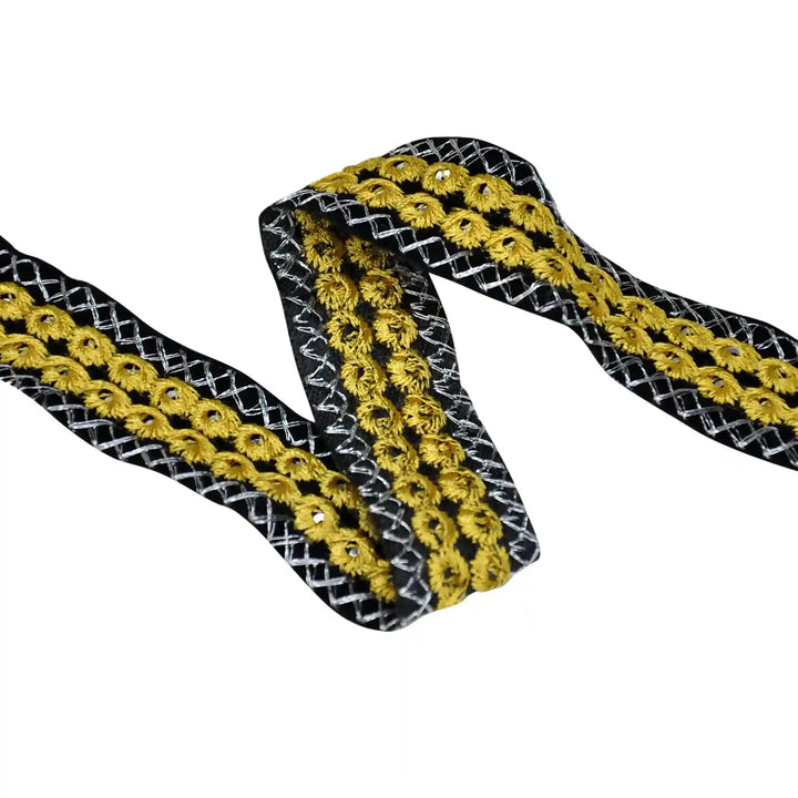 Yellow Crimson Embroidery Mirror Lace | 2 Meters