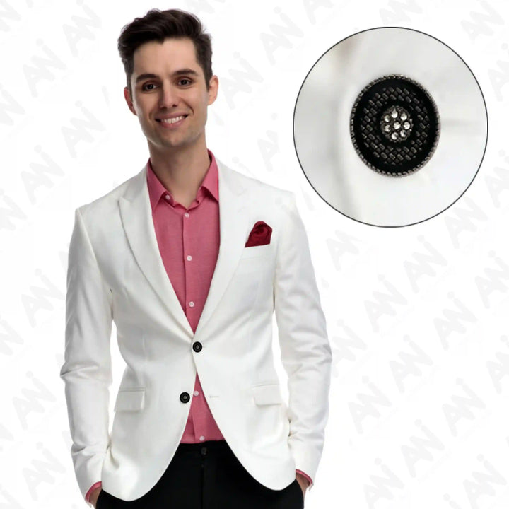Model Wearing Midnight Sparkle Crystal Buttons by Ani Accessories, Perfect for Men’s Trending Styles, Coats, and Fashion.