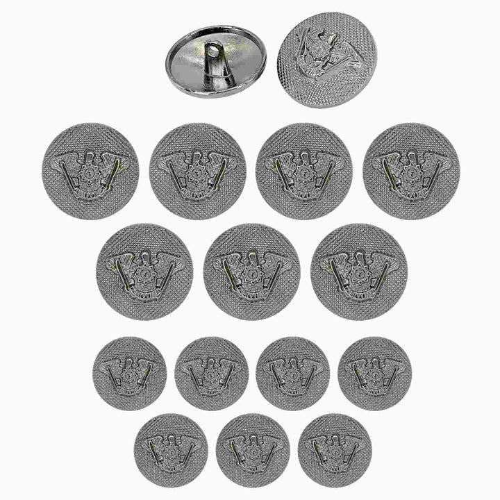 Set of 14 silver-finish shank metal buttons by Ani Accessories; enhance your wardrobe with these stylish, durable buttons.