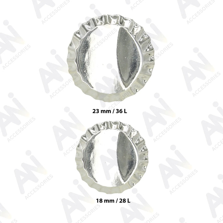 Silver sizes metal cap bottle buttons by Ani Accessories.