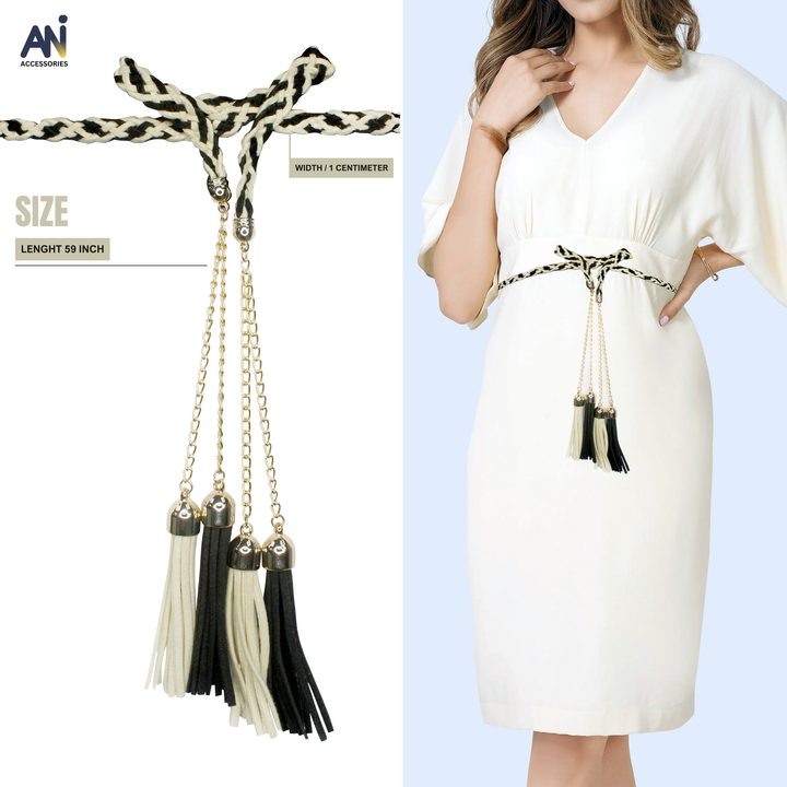 Off-white & black Suede Braided Tassel Cord belt