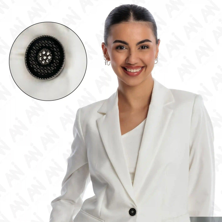 Model Wearing Midnight Sparkle Crystal Buttons by Ani Accessories, Ideal for Women’s Coats, Blazers, and Evening Wear