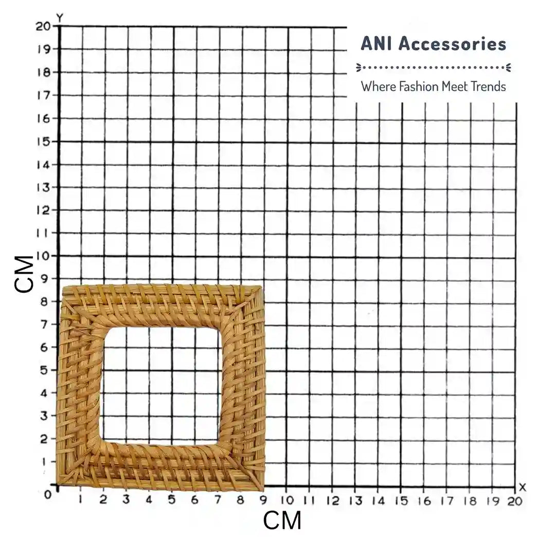 Square Natural Woven Rattan  Raffia Buckle for Dresses, DIY Belts & Craft Project  buckle placed on a size chart bar graph to show exact size of buckle.