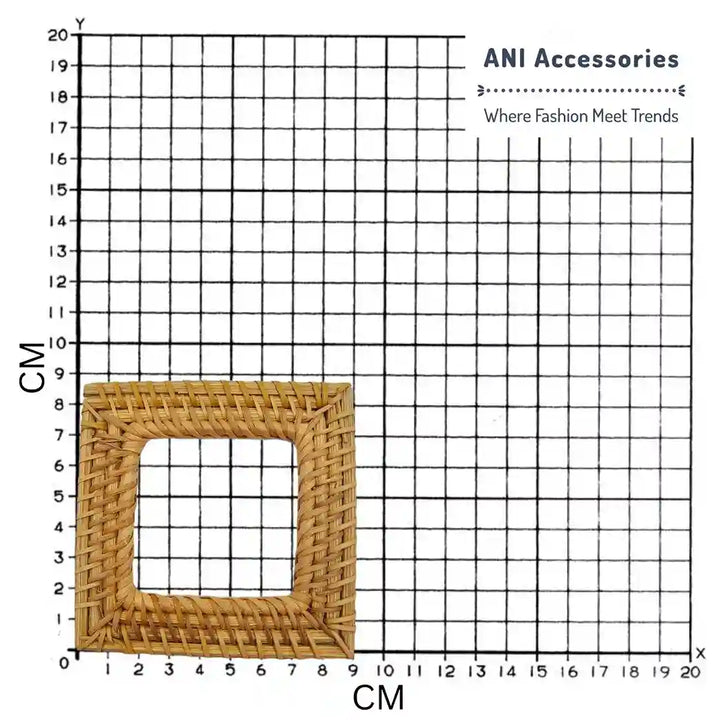 Square Natural Woven Rattan  Raffia Buckle for Dresses, DIY Belts & Craft Project  buckle placed on a size chart bar graph to show exact size of buckle.