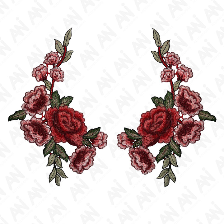 Two Piece Red Rose Flower Embroidered Sew On Applique Patch