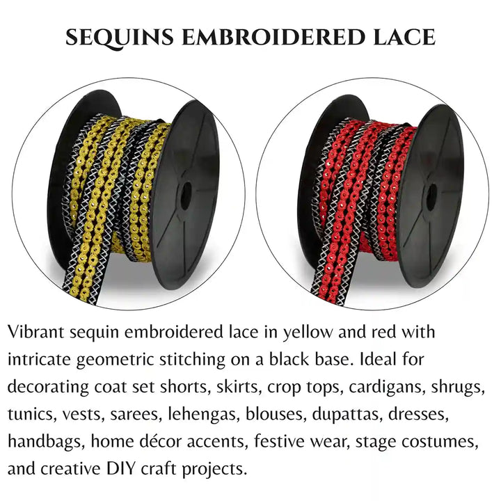 Yellow Crimson Embroidery Mirror Lace | 2 Meters