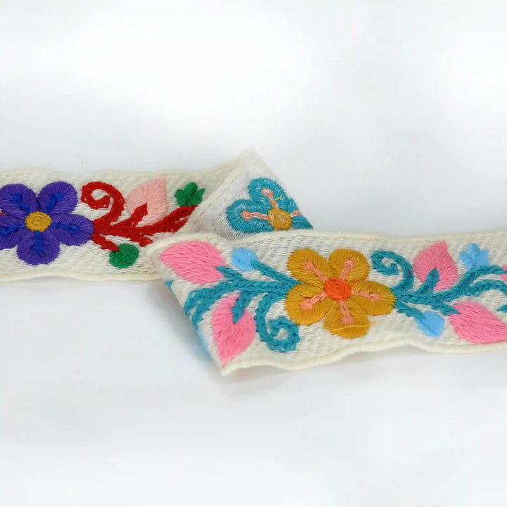 Detail zooming image of Embroidered  multicolor small floral crochet lace on a white background| Ani Accessories