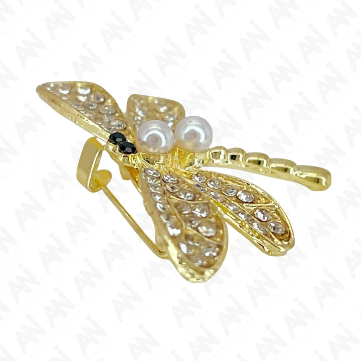 Gold Dragonfly Pearl Brooch with Sparkling Crystals and Elegant Design from Ani Accessories