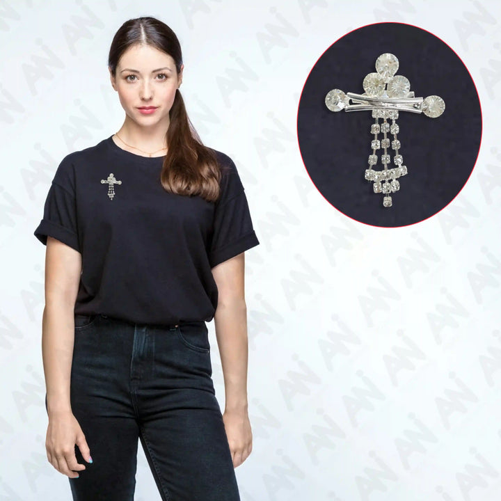 Regal Rhinestone & Crystal Brooch for Trendy Fashion displayed on a model wearing a black t-shirt