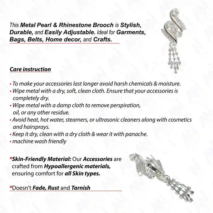 Metal Pearl & Rhinestone Swirl Brooch for Bridal & Fashion with Adjustable Design and Classic Elegance