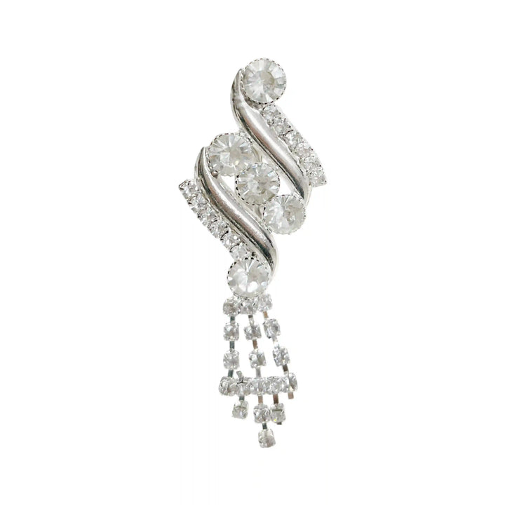 Elegant Rhinestone Swirl Brooch for Bridal & Fashion, featuring sparkling crystals and a dangling design