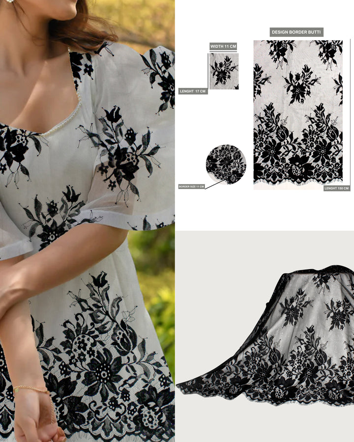 3 Meters Length & 60 Inches Width | Floral Scalloped Chantilly Lace Fabric