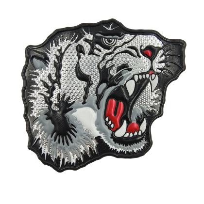 A hot-fix patch depicting a roaring lion in mid-howl, with a black, white, and gray color scheme.