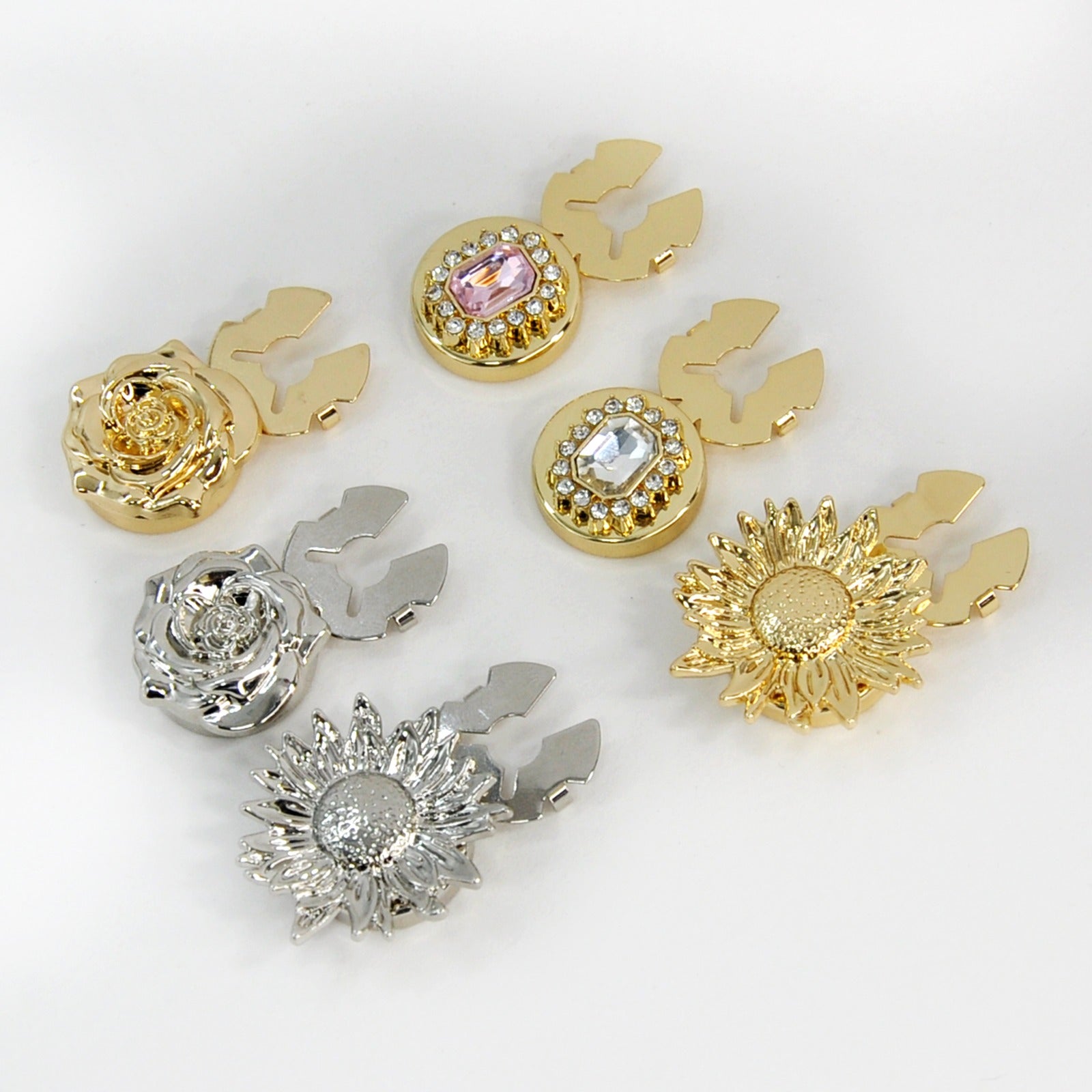 Button cover - metal button cover in silver & gold sunflower, rose, gemstone showed in a white background perfect for shirt , cuff & more.