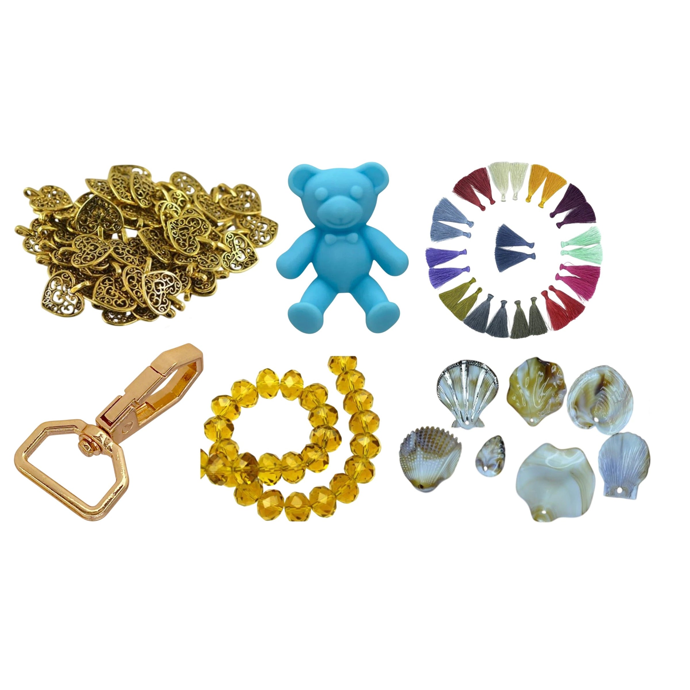 Jewellery making & craft supply- beads, lobster hook, shell charms, metal charms, tassels, silicon teddy bear and more