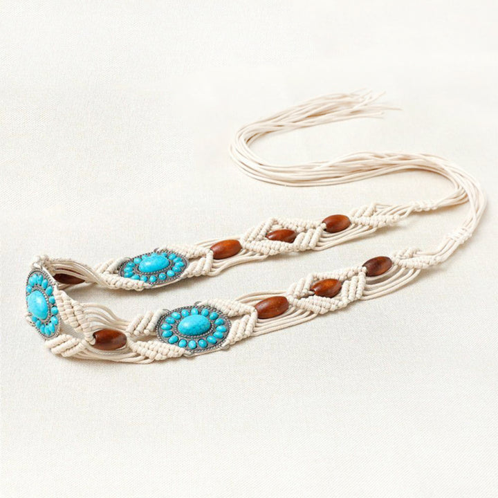 Knotted turquoise blue and brown beaded ivory white macrame belt