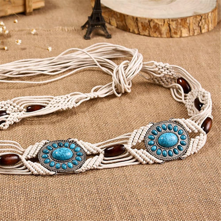 Knotted turquoise blue and brown beaded ivory white macrame belt