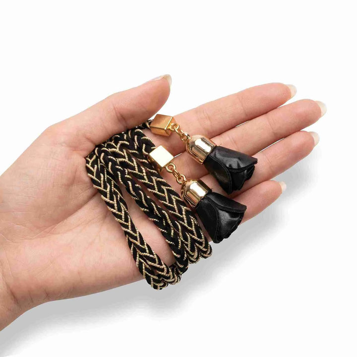 Black Braided Suede Belt With Lurex - Rose Tassel Rope Belt