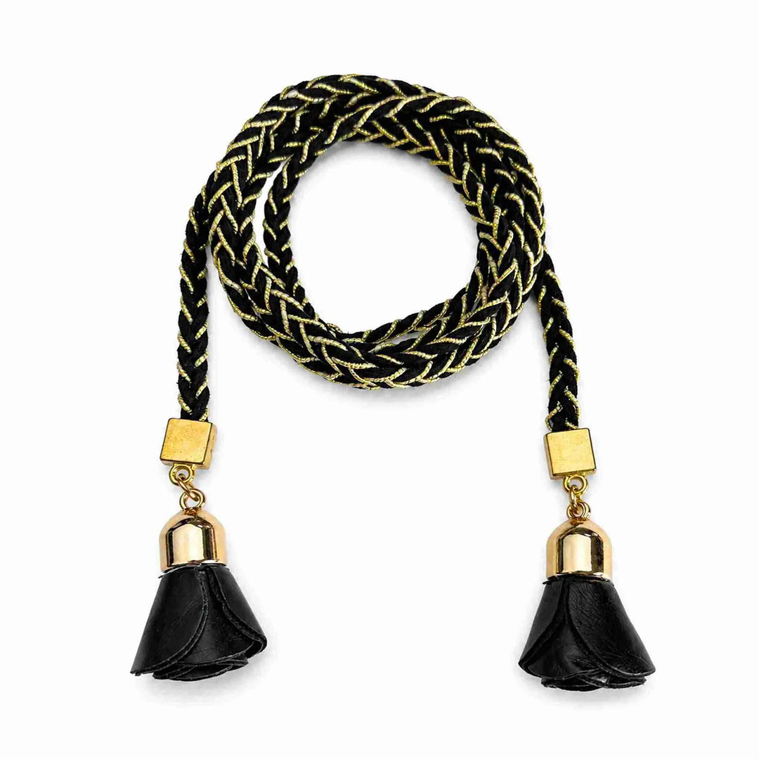 Black Braided Suede Belt With Lurex - Rose Tassel Rope Belt