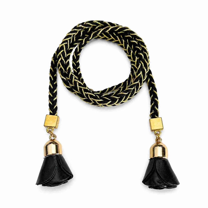 Black Braided Suede Belt With Lurex - Rose Tassel Rope Belt