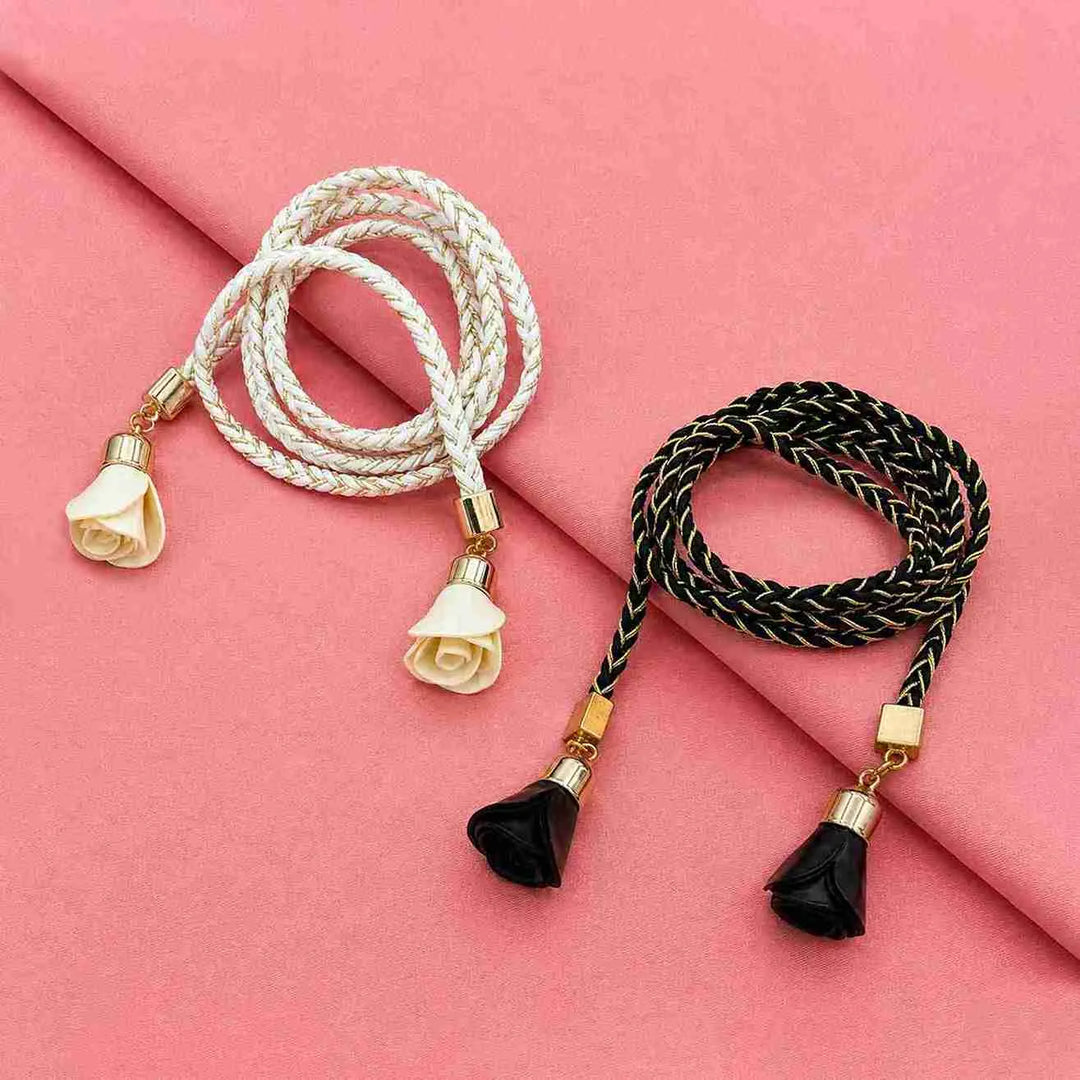 Black Braided Suede Belt With Lurex - Rose Tassel Rope Belt