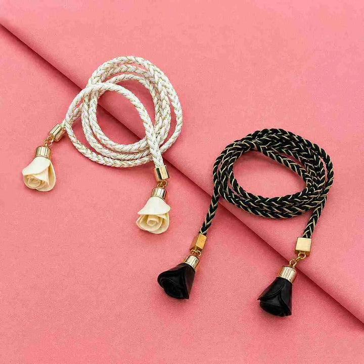 Black Braided Suede Belt With Lurex - Rose Tassel Rope Belt