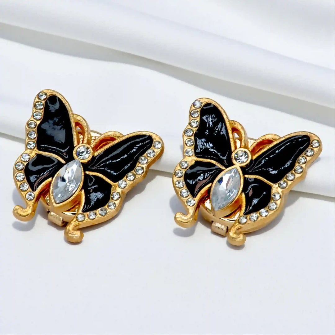 Black Enamel Rhinestone Butterfly Button Cover
