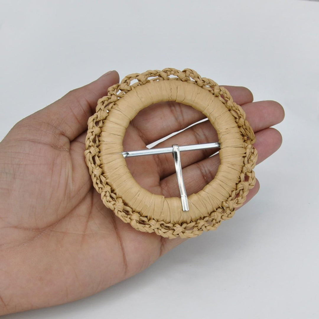 Handwoven Natural Straw Round Raffia Buckle