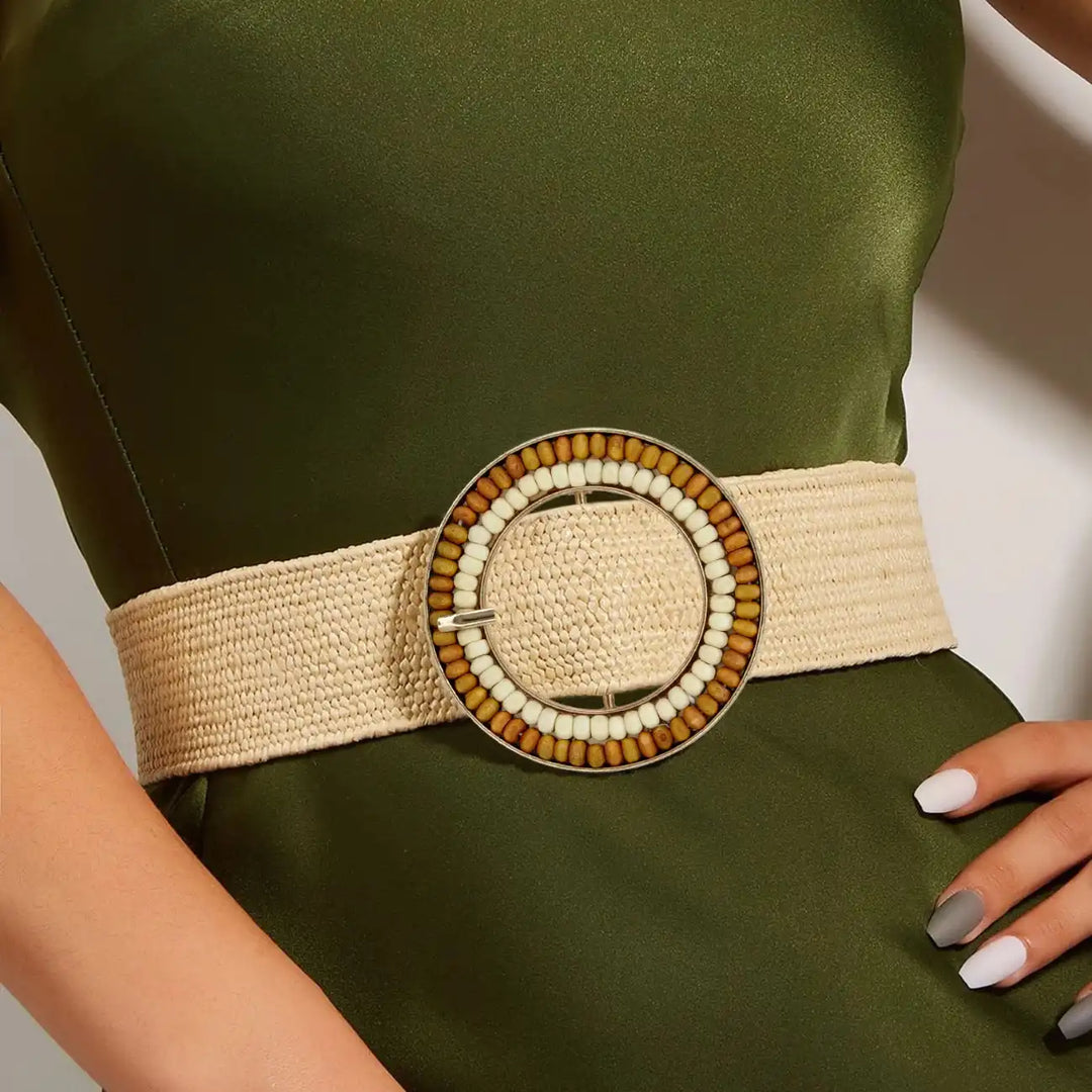 Handcrafted Round Natural Raffia Material Buckle | 3 inches (7.7cm)