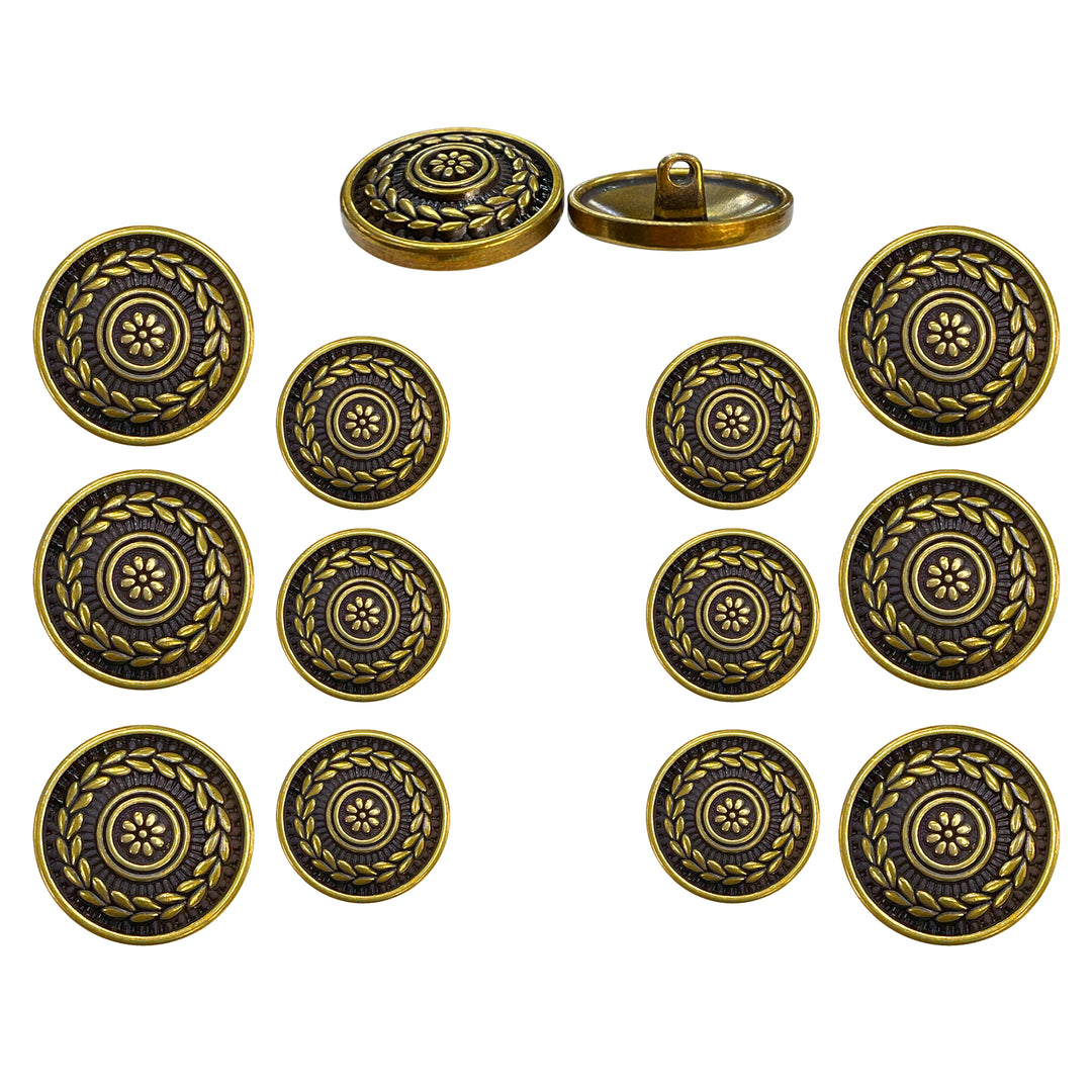 Round Elegant Antique Brass Metal Shank Button (Pack of 8 Buttons)